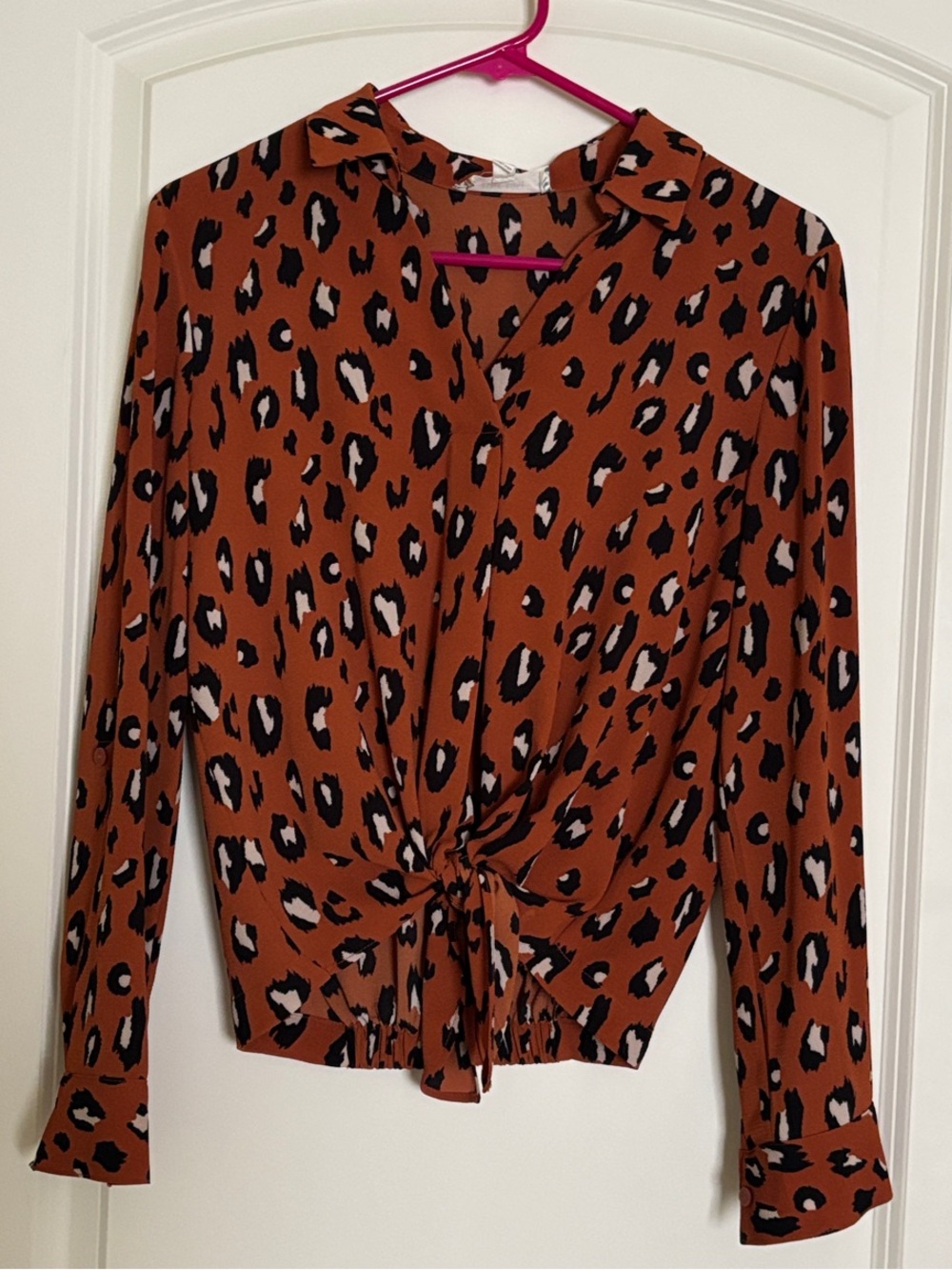Women's Rust Leopard Print Tie-Front Blouse